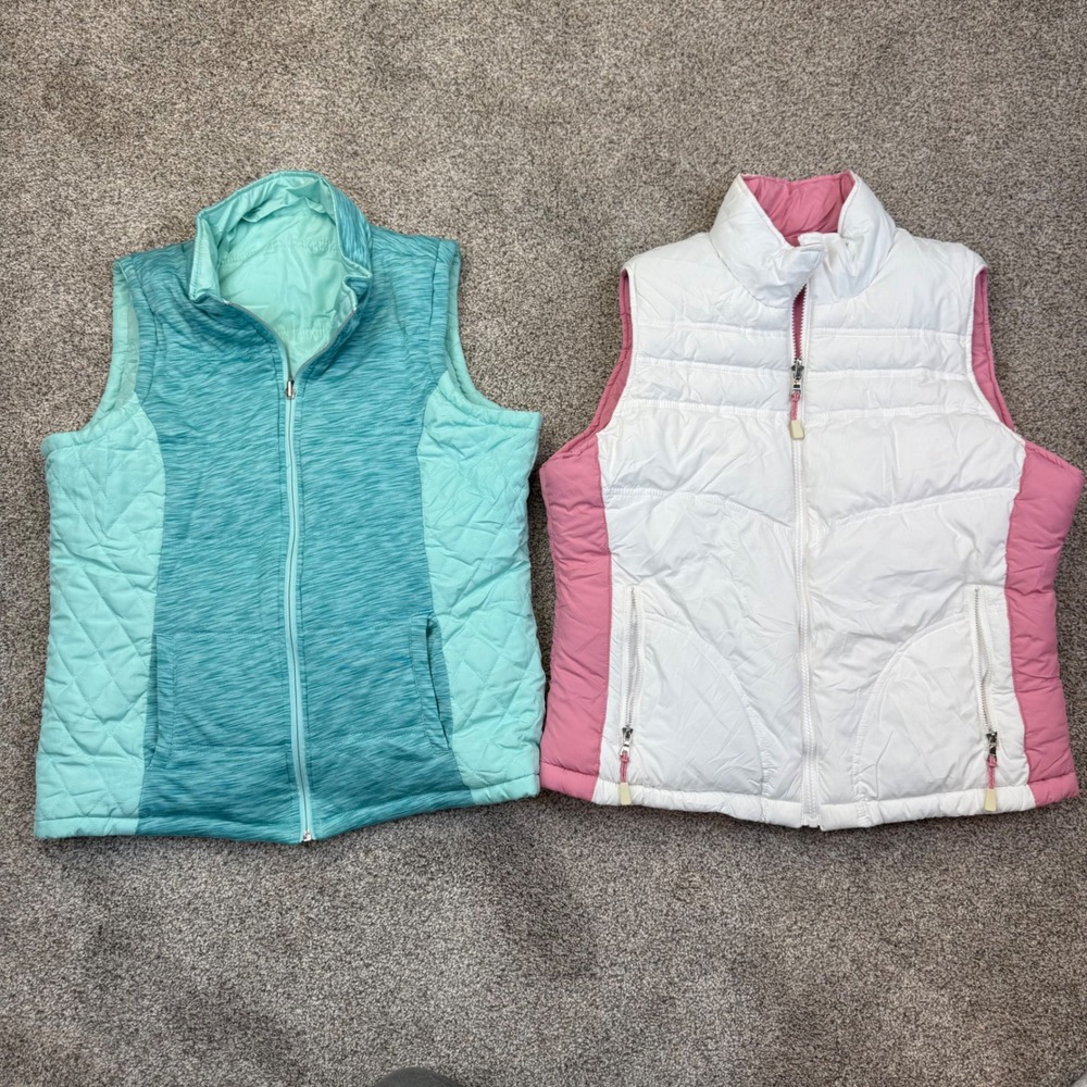 Lot of 2 Womens Quilted Puffer Vests Jacket White Pink and Teal Space Dye Size M